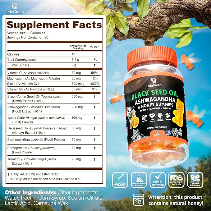 Black Seed Oil Gummies - 60 Nigella Sativa Bears with Ashwagandha Extract - Immune Support & Natural Cleanse – Chewable Black Seed Oil Gummies for Adults (Pack of 2)