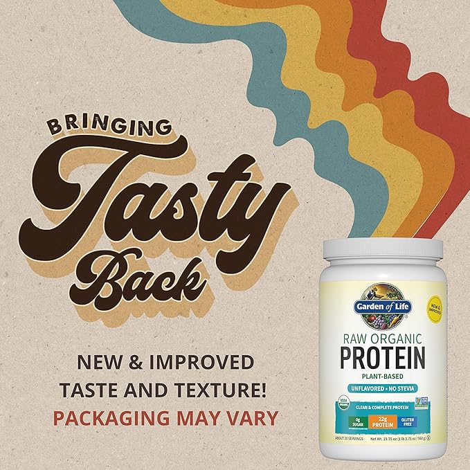 Organic Vegan Unflavored Protein Powder, Garden of Life 22g Plant Based Protein & BCAAs, Organic Protein Powder with Probiotics & Enzymes, Non-GMO, Gluten-Free Lactose Free 1.2 LB