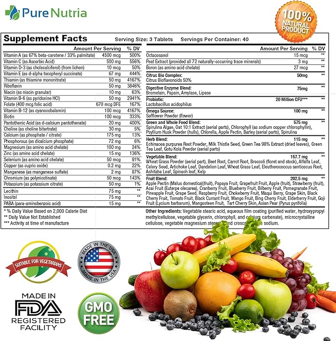Whole Food MultiVitamin and Minerals with Probiotic Enzymes - 120 Multivitamins for Women and Men - Packed with WholeFood and Herbal Ingredients - Powerful Antioxidants for Digestive Support