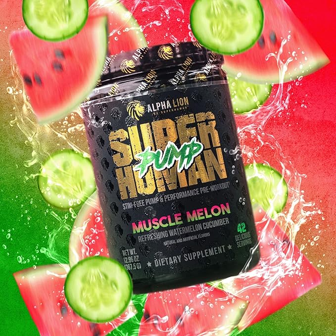 ALPHA LION Superhuman Pump Pre Workout Powder, Caffeine Free & Stim Free Preworkout Supplement, Nitric Oxide Booster, Muscle Gainer, Energy & Focus (42 Servings, Muscle Melon Flavor)