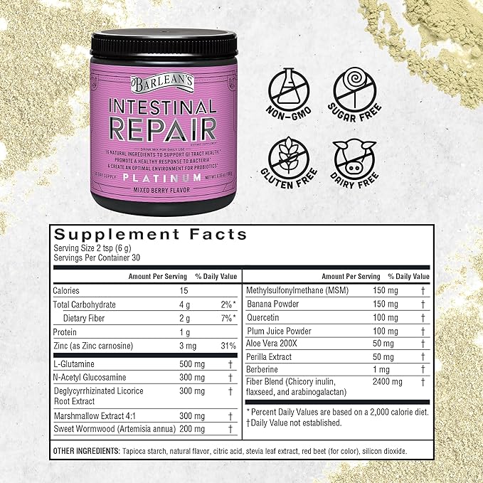 Barlean’s Intestinal Repair Gut Health Powder with 16 Digestive Supplements, L-Glutamine, Marshmallow & Licorice Root, Aloe Vera, and Fiber Mixed Berry Flavor, 6.35 oz