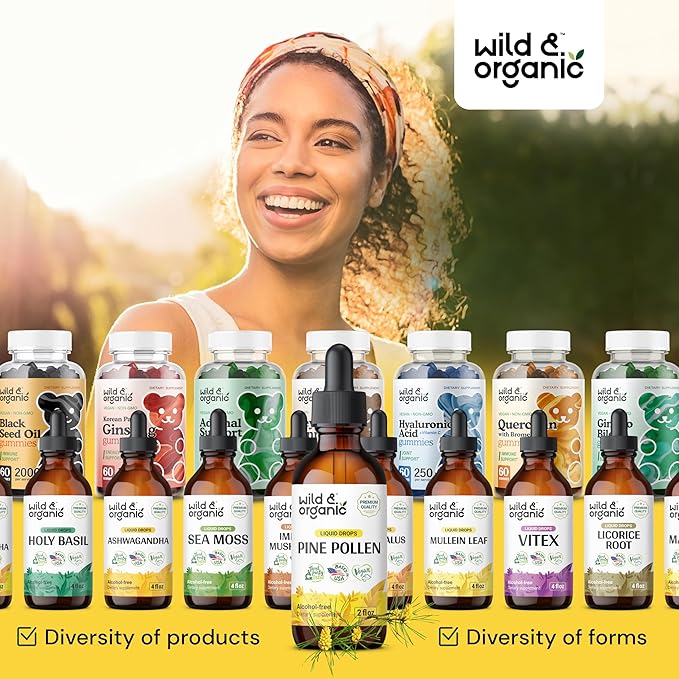 Wild & Organic Pine Pollen Tincture - Immune Support Supplement w/Pine Pollen - Liquid Drops w/Wildcrafted Scots Pine Pollen & Pinus Sylvestris - Antioxidants Supplement w/Pine Pollen Extract 2 oz