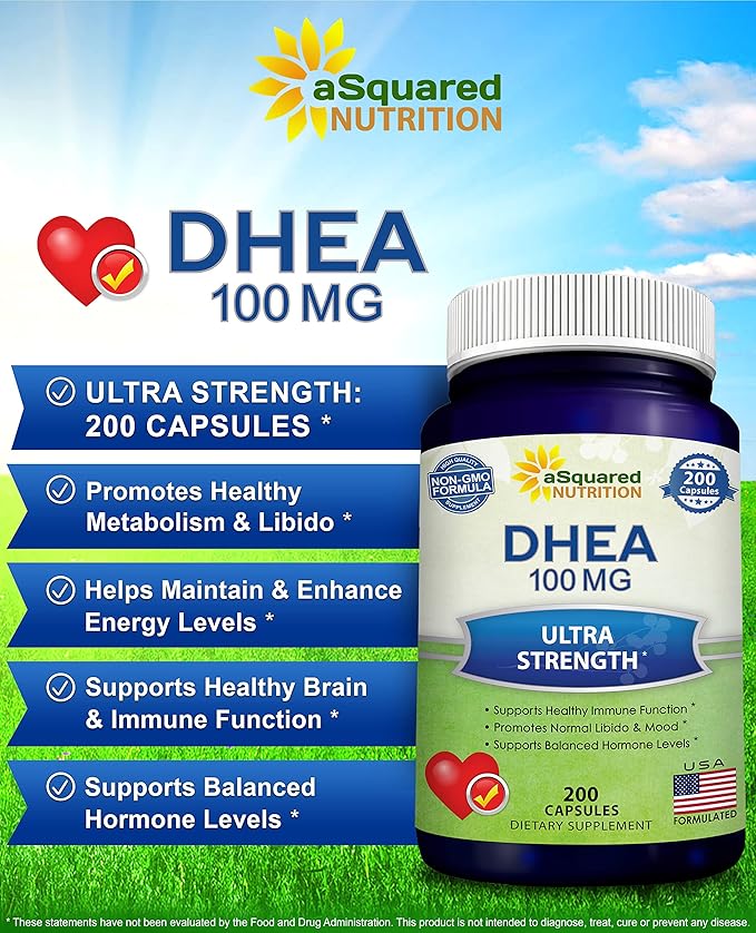 DHEA (100mg Max Strength, 200 Capsules) to Promote Balanced Hormone Levels for Women & Men - Natural DHEA Supplement Pills to Support Healthy Metabolism, Libio, Brain, Immune Function & Pure Energy