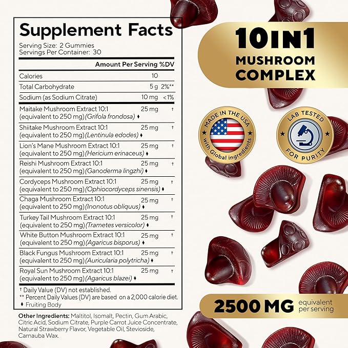 Mushroom Gummies for Adults - USA Made 10 in 1 Mushroom Supplement - Mushroom Complex with Lions Mane, Cordyceps, Turkey Tail, Reishi, Shiitake for Cognitive & Immune Support - 60 Count