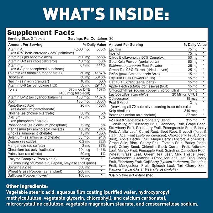 Dr. Tobias Adult Multivitamin for Women & Men, Immune Supporting Vitamins from 42 Fruits, Vegetables, Plus Probiotics, Vegan Multivitamins for Men & Women, Non-GMO, 90 Tablets, 30 Servings