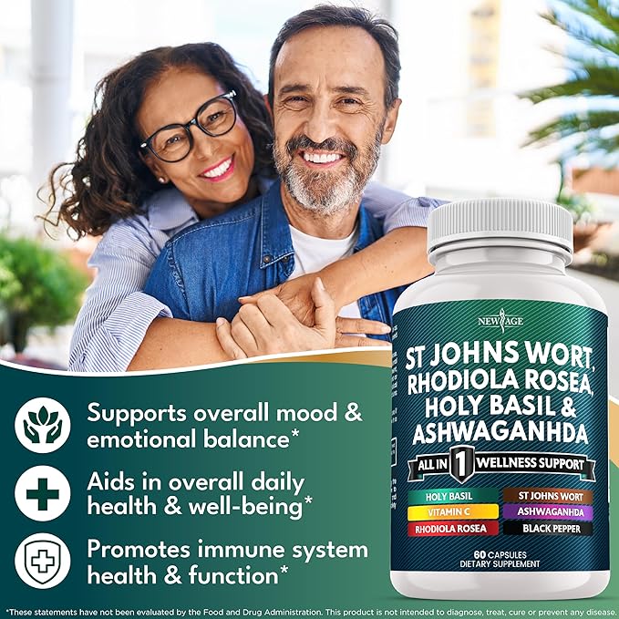 NEW AGE St Johns Wort, Rhodiola Rosea, Holy Basil, Ashwagandha - Support for Women and Men with Vitamin C & Black Pepper Extract - 120 Count