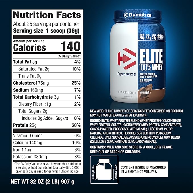 Dymatize Elite 100% Whey Protein Powder, 25g Protein, 5.5g BCAAs & 2.7g L-Leucine, Quick Absorbing & Fast Digesting for Optimal Muscle Recovery, Rich Chocolate, 2 Pound, 25 Servings