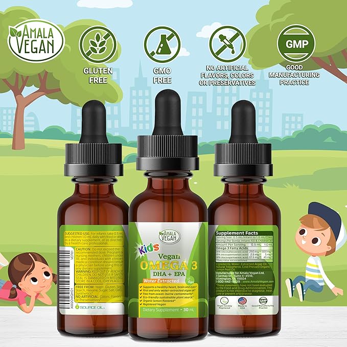 Omega 3 for Kids - Organic Lemon, Vegan, Liquid Supplement - Kids Fish Oil with DHA, EPA, DPA Fatty Acids - Plant Based Algae Oil - Immune, Heart, Brain Health for Children- 30-60 Doses