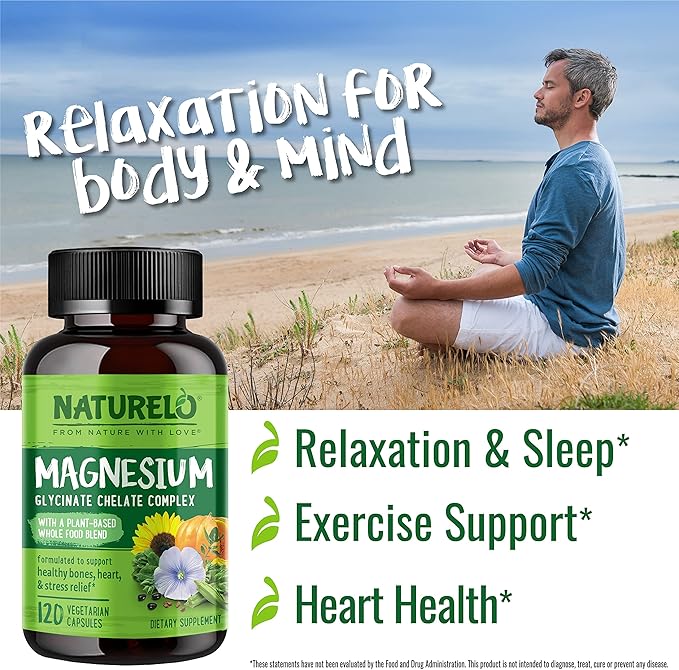 NATURELO Magnesium Glycinate Chelate Complex - 200 mg Magnesium with Organic Vegetables to Support Sleep, Calm, Muscle Cramp & Stress Relief - Gluten Free, Non GMO - 120 Capsules