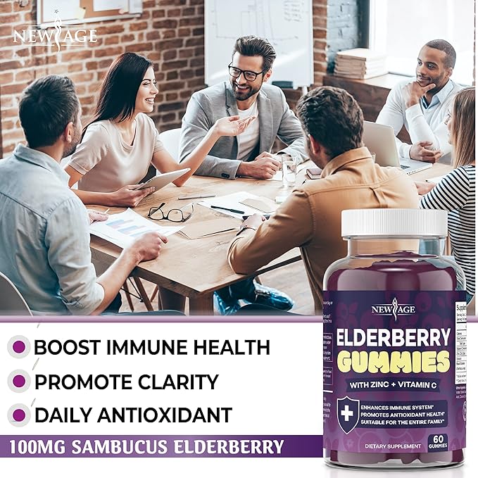 NEW AGE (2-Pack) Premium Elderberry Gummies for Adults Kids with Vitamin C, Zinc, Propolis - Sambucus Black Elderberry Gummy Extract - Gluten Free & Vegetarian - 120 Gummies