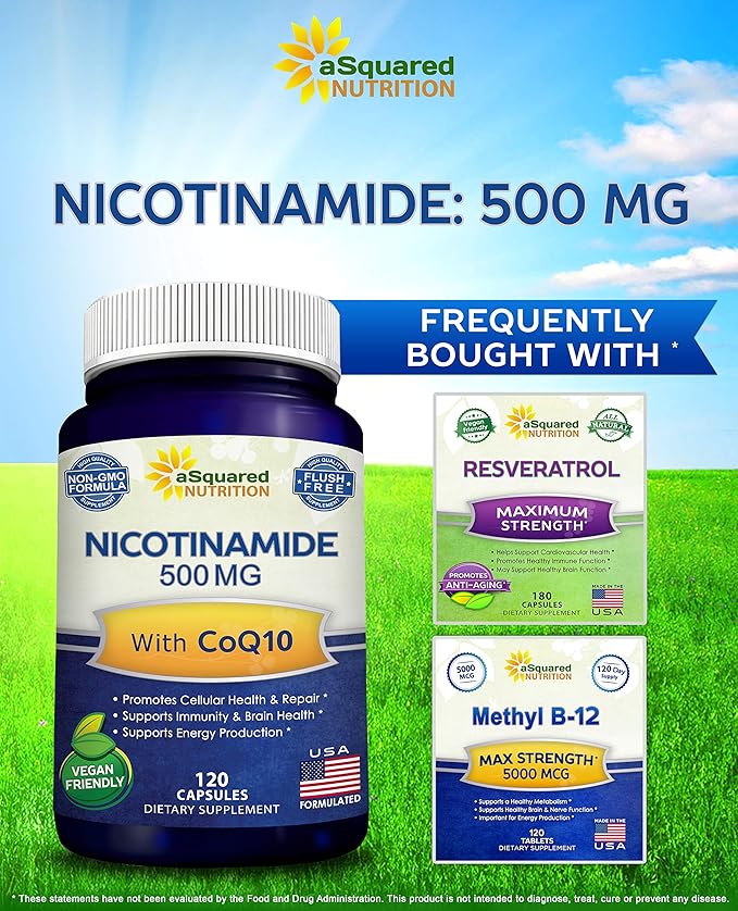 Nicotinamide with CoQ10 (120 Capsules) - Vitamin B3 500mg (Niacinamide Flush Free) - Coenzyme Q10 Powder - VIT B-3 & Coq 10 Supplement Pills to Support Energy, NAD, & Skin Cell Health