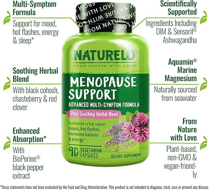 NATURELO Menopause Supplements for Women, Herbal Blend with Black Cohosh for Menopause Hot Flashes Advanced Estrogen Multi-Symptom Formula 90 Capsules