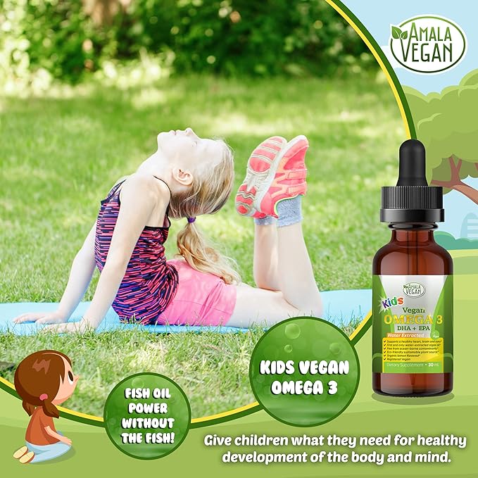 Omega 3 for Kids - Organic Lemon, Vegan, Liquid Supplement - Kids Fish Oil with DHA, EPA, DPA Fatty Acids - Plant Based Algae Oil - Immune, Heart, Brain Health for Children- 30-60 Doses