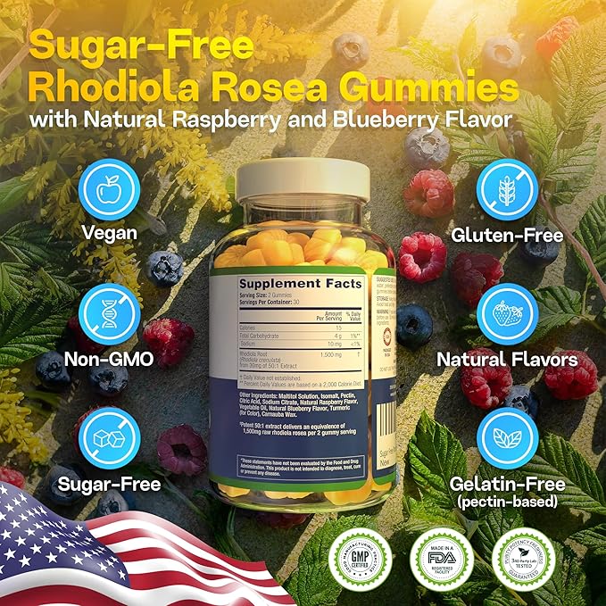 Sugar-Free Rhodiola Rosea Gummies (1500mg/Serving) Adaptogenic Rhodiola Rosea Supplement & Cortisol Blocker for Performance, Stamina, Mood & Motivation - Non-GMO, 60 Vegan Chews, No Capsules or Pills