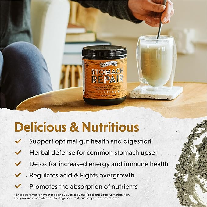Barlean's Stomach Repair Gut Health Powder Supplement, Fiber and Digestive Support Supplements Blend for Detox and Cleanse, Vanilla Chai Drink Mix, 6.35 oz