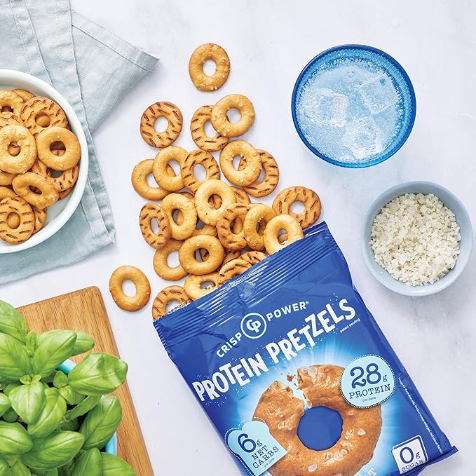 Crisp Power High Protein Pretzel Crisps - 6 Pack x 1.75 oz Crunchy & Flavorful Plant-Based Snack. No Sugar, 28g Protein Per Pack in 3 Savory Flavors, Vegan, Keto Friendly, Non-GMO, Kosher Non-Dairy (1.75 Ounce (Pack of 6), Sea Salt)