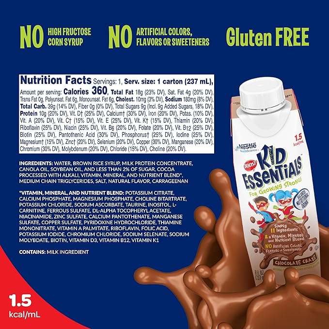 BOOST KID ESSENTIALS (1.5 kcal/mL) Chocolate Craze Nutritional Drink, 10g Protein, Vitamin C, D , B12, and Zinc, 8 Fl Oz (Pack of 24)