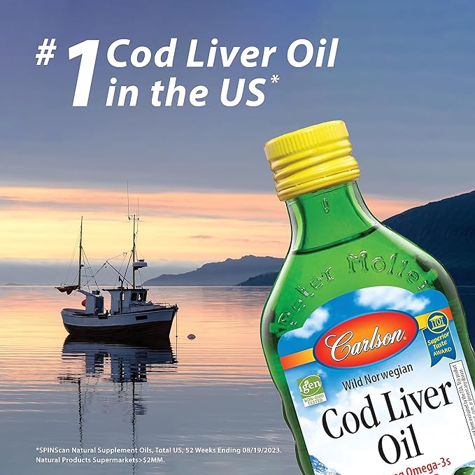 Carlson - Kid's Cod Liver Oil, 550 mg Omega-3s, Plus Vitamins A and D3, Liquid Fish Oil, Wild Caught Norwegian Arctic Cod, Sustainably Sourced Nordic Fish Oil, Green Apple, 250 mL (8.4 Fl Oz)