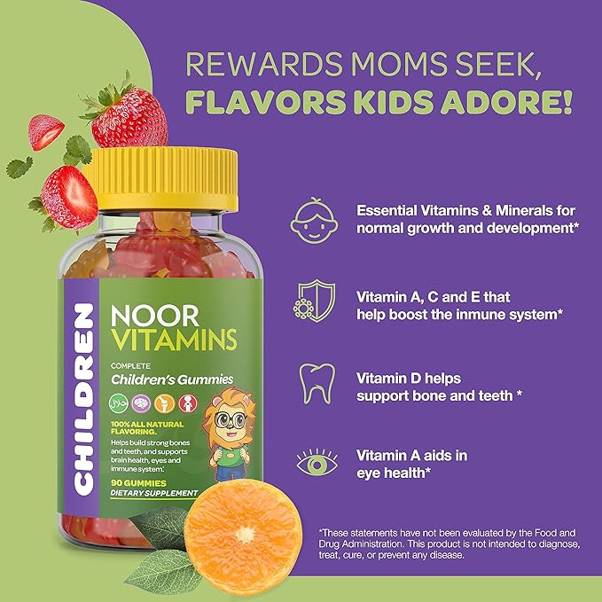 Halal Vitamins, Kids Vitamins, Kids Multivitamin Gummies Noor Vitamins: Vitamin C for Kids, D3, and Zinc for Immunity, B6 B12 for Energy. Non-GMO, Halal Gummies - 90 Count Gummy Vitamins for Kids