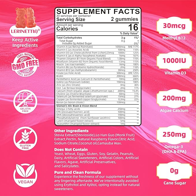 Multivitamin for Women Gummies for 40+ with Omega-3,Niacinamide,B-Complex,Lutein,Iron,Choline, Phosphatidylserine,Vitamin D3 for Skin,Hair,Energy,Immune,Bone – Vegan,Sugar Free,60 Count