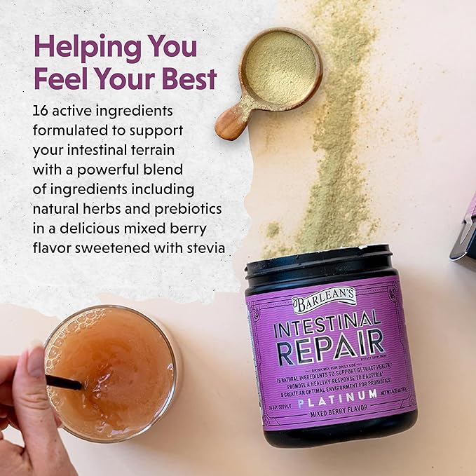 Barlean’s Intestinal Repair Gut Health Powder with 16 Digestive Supplements, L-Glutamine, Marshmallow & Licorice Root, Aloe Vera, and Fiber Mixed Berry Flavor, 6.35 oz