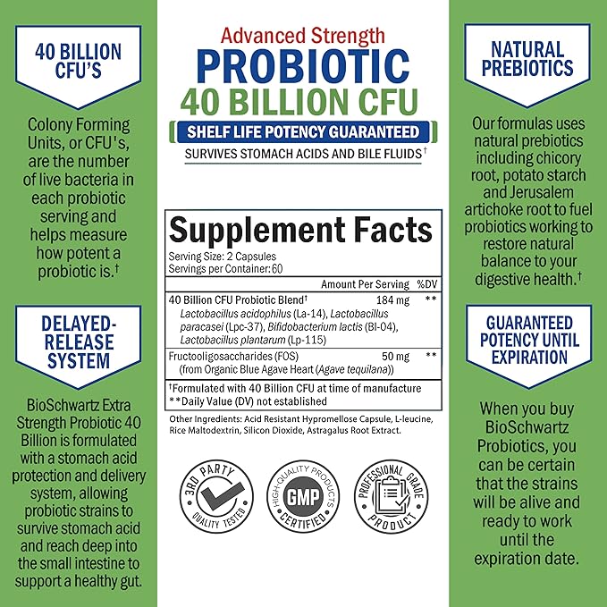 Daily Probiotic Supplement 40 Billion CFU - Gut Health Complex with Astragalus and Lactobacillus Acidophilus Probiotic for Women and Men - Shelf Stable Pre and Probiotics for Digestive Health 120 ct