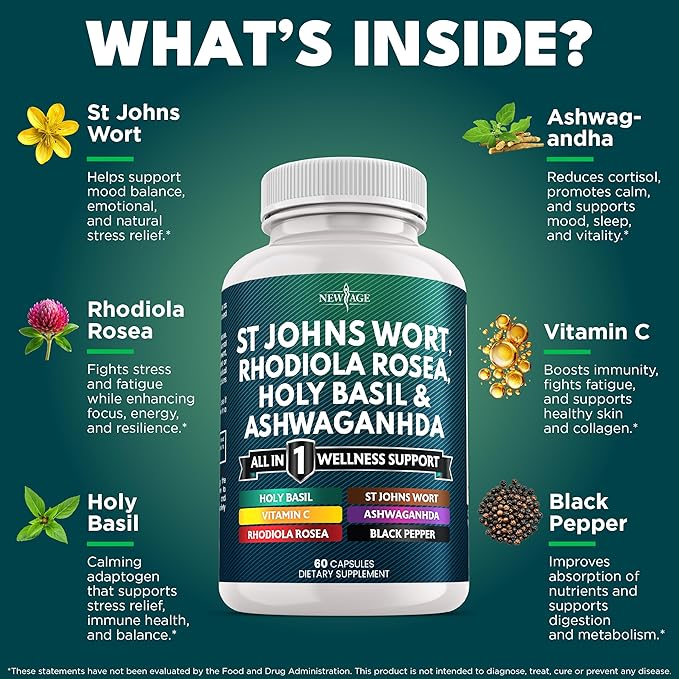 NEW AGE St Johns Wort, Rhodiola Rosea, Holy Basil, Ashwagandha - Support for Women and Men with Vitamin C & Black Pepper Extract - 120 Count