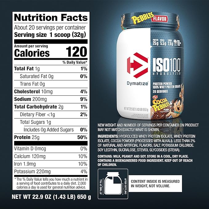 Dymatize ISO100 Hydrolyzed Protein Powder, 100% Whey Isolate Protein, 25g of Protein, 5.5g BCAAs, Gluten Free, Fast Absorbing, Easy Digesting, Cocoa Pebbles, 20 Servings