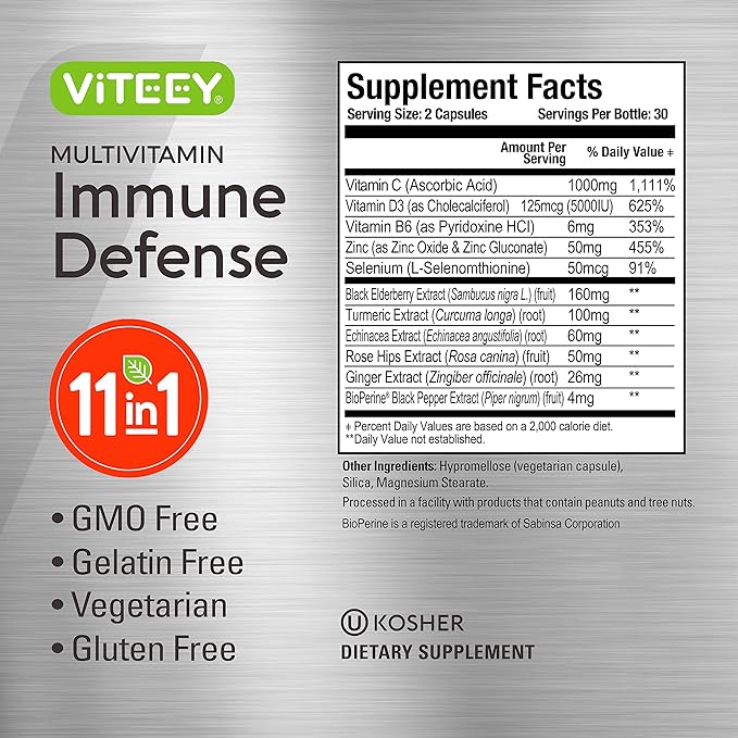 11 in 1 Multivitamin Immune Defense Supplement - Immune Booster Capsules with Vitamin D3, Vitamin B6, Echinacea, Turmeric, Rose-HIPS, Selenium, BioPerine, Ginger, Elderberry Vitamin C and Zinc