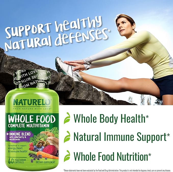 NATURELO Whole Food Multivitamin + Immune Blend with Elderberry & Mushrooms - Complete Multivitamin with Extra Immune Support - C, D3, Zinc, Elderberry, Reishi, Shitake - 60 Vegan Capsules (Pack of 2)