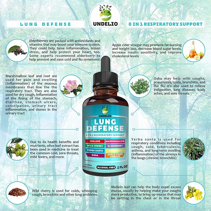 8 in 1 LUNG DEFENSE Herbal Extract, Blend (Mullein-Marshmallow-OSHA-Wild Cherry-Elderberry-Yerba Santa-Olive Leaf-ACV) Lung Cleanse, Respiratory & Immune system Support. Liquid supplement 2 OZ