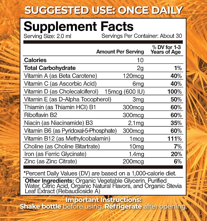 USDA Organic Kids Multivitamin with Iron for Toddlers | Organic Liquid Multivitamin Multimineral Drops for Kids Ages 1-3 | Immune Support for Toddlers | Sugar Free | Vegan | Non-GMO | 2 Fl Oz