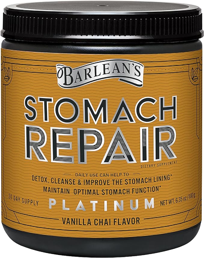 Barlean's Stomach Repair Gut Health Powder Supplement, Fiber and Digestive Support Supplements Blend for Detox and Cleanse, Vanilla Chai Drink Mix, 6.35 oz