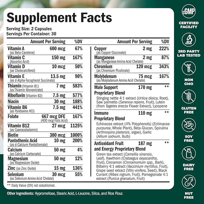 Multivitamin for Men - Daily Mens Multivitamins & Multiminerals with Vitamin D, Vitamin C, B12 Zinc & More. Essential Vitamins for Men for Energy, Focus, Stamina, Performance, Mens Health. 60 Capsules