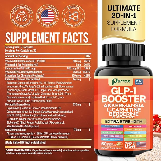 GLP-1 Booster Supplement with Akkermansia, L-Carnitine, Berberine (GlucoVantage), Chromium, Capsimax, Psyllium Husk, Probiotics & Vitamins D3, B6, B12, 20-in-1 Plant-Based Formula (60 Caps)