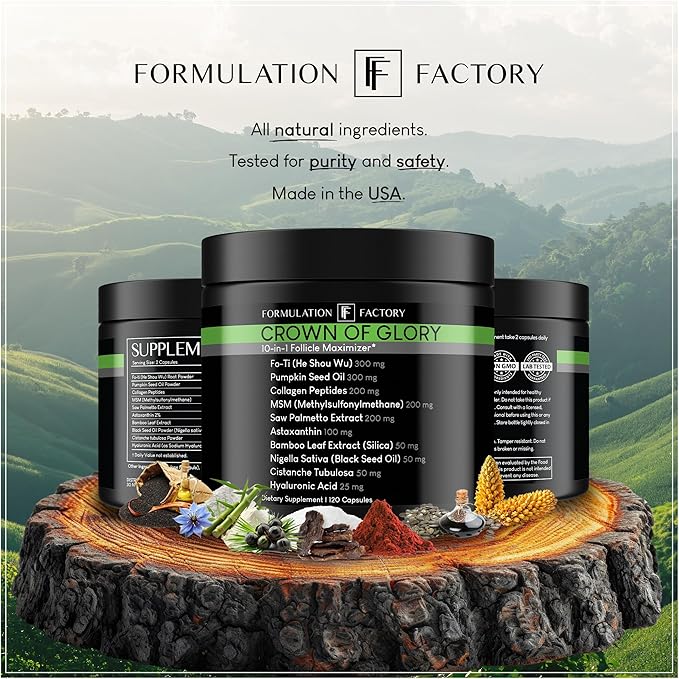 Crown of Glory 10 in 1 Hair Growth Maximizer, DHT Blocker Supplement, Saw Palmetto, Fo-Ti, Collagen, Pumpkin Seed Oil & More, Supports Thicker, Stronger Hair & Scalp Health (120 Capsules - 2 Months)