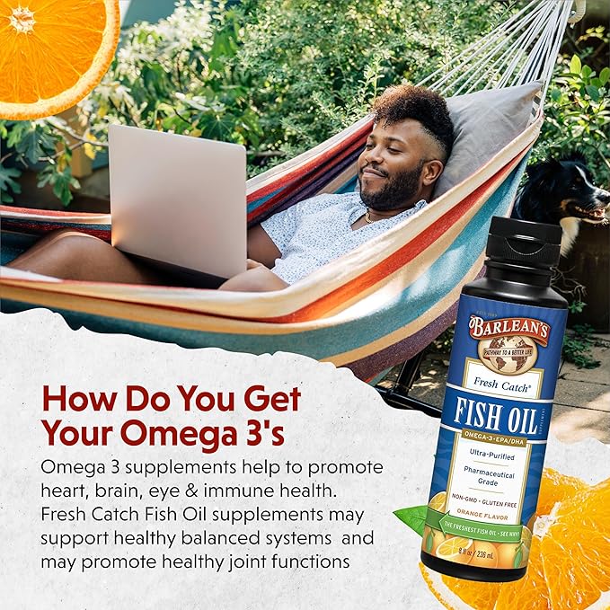 Barlean's Omega 3 Fish Oil Supplement, Liquid EPA and DHA Fatty Acid Supplements Support, High Potency Orange Flavored, 8 oz