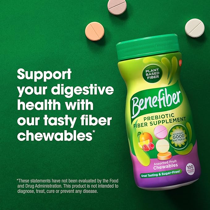 Benefiber Chewable Prebiotic Fiber Supplement Tablets for Digestive Health, Assorted Fruit Flavors - 100 Count