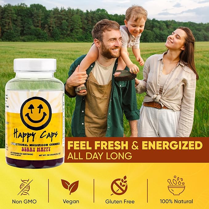 Lions Mane Mushroom Gummies for Relaxation & Wellness Organic Functional Mushroom Blend with Turkey Tail, Reishi, Chaga & Cordyceps - Immune Support - Vegan Supplement - 60 Berry Gummies