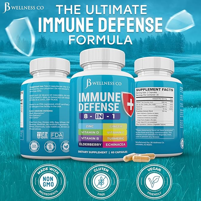 Immune Support 8 in 1 Capsules - Zinc Supplement, Vitamin D3, Vitamin C and Elderberry - Immune Booster Supplement with Echinacea, Ginger Root, and Turmeric