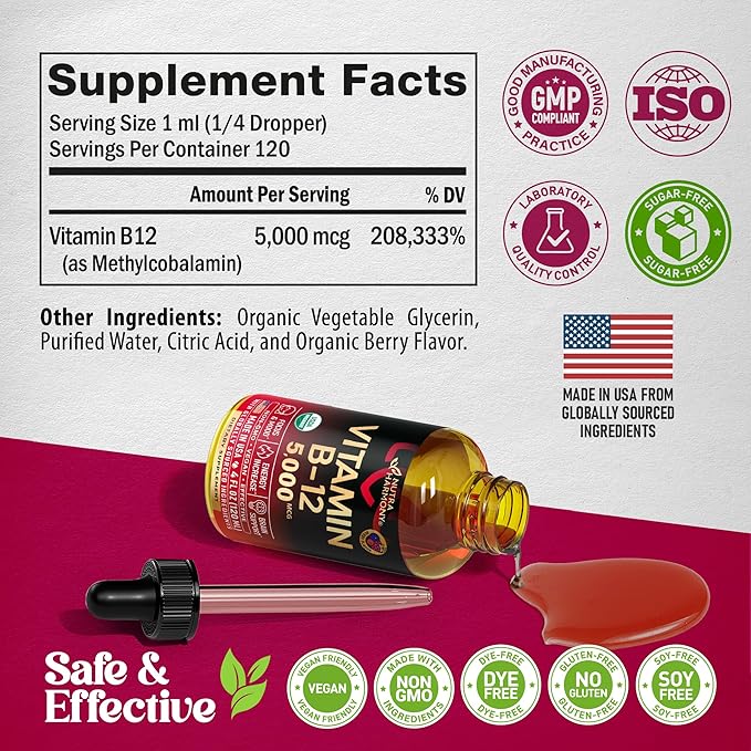 USDA Organic Vitamin B12 Sublingual Drops - 5000 mcg Liquid Vegan Methylcobalamin - Energy Boost, Focus & Mood, Metabolism & Brain Health Support - Maximize Absorption - 4 Month Supply, 4 fl oz