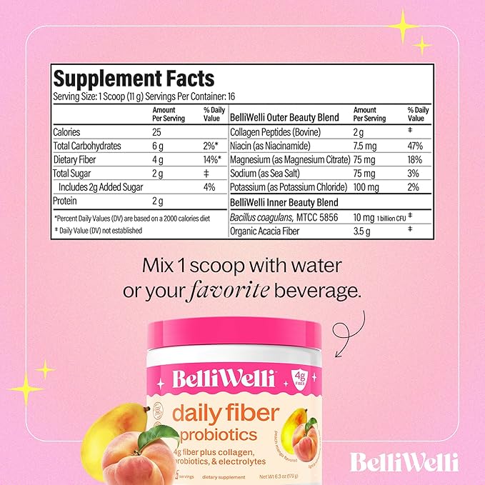 BelliWelli Fiber Supplement for Women & Men – Premium Daily Fiber Powder from Organic Acacia with Added Collagen, Electrolytes & Probiotics – No Bloat, Constipation & Gut Health Support (Peach Mango)