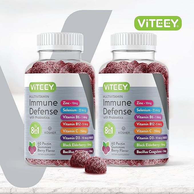 Multivitamin Gummies 8 in 1 Immune Support Supplement with Probiotics - Immune Boosters for Adults & Teens - Vegetarian, Gelatin Free, GMO Free - Chewable Berry Flavored Pectin Immune Defense Gummy