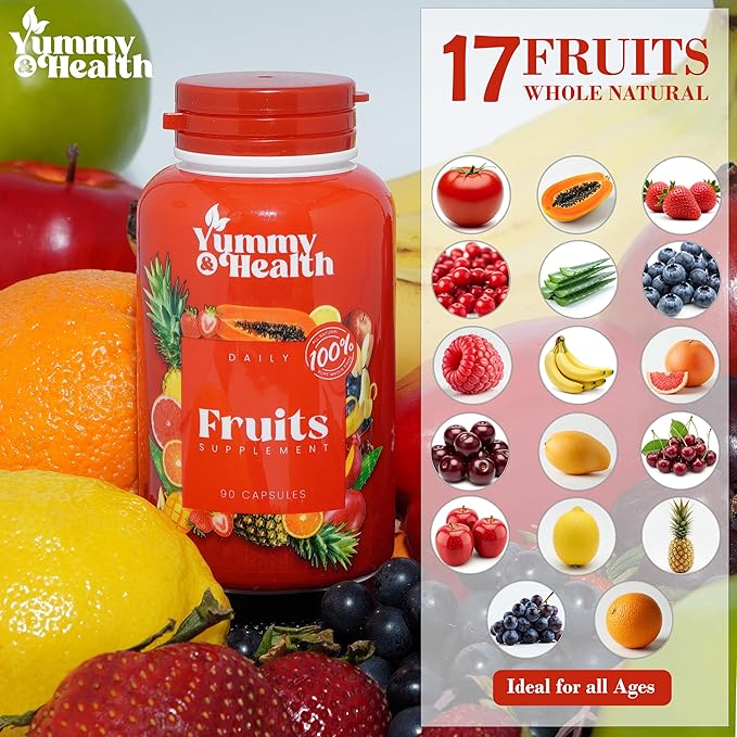 Yummy & Health Fruits and Veggies Capsules β 90 Fruit + 90 Veggie | Superfood Supplement for Energy, Immune Support, Vitamins & Essential Minerals | Vegan, Non-GMO, Gluten-Free