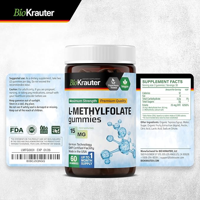 BIO KRAUTER L Methylfolate Gummies - 25 mg DFE - 60 Vegan Chews - MTHF Supplement - Folate Supplement - Folic Acid Gummies (Vitamin B9) - Gelatine-Free Formula