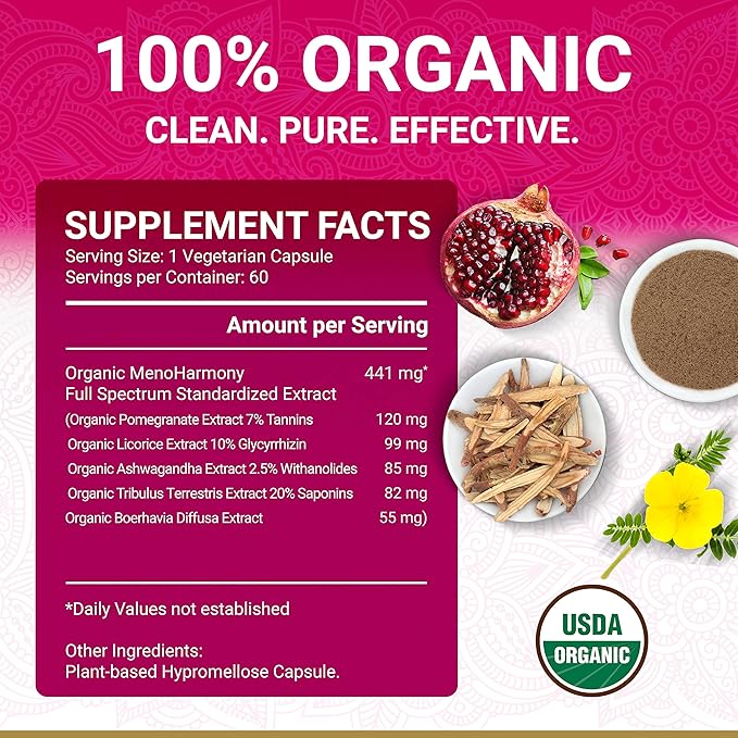 Menopause Supplements for Women - USDA Organic | Menopause Support | Female Hormone Balance Supplement | Also Supporting with Premenopause and Perimenopause | 60 Vegan Capsules