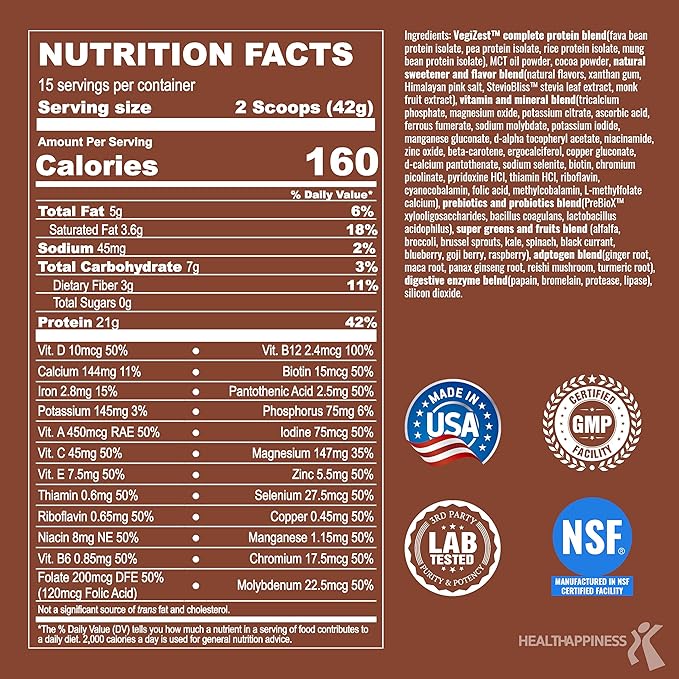 UpNourish Chocolate Vegan Protein Powder 54 Superfoods Powder,1.5 Billion CFU Probiotics 21g Plant Based Protein,No Sugar No Dairy No GMO Dairy Free,Meal Replacement Shake, Low-Carb Diet,15 Servings