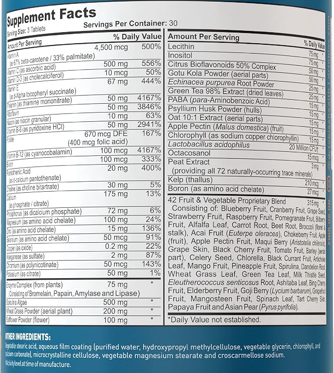 Dr. Tobias Adult Multivitamin for Women & Men, Immune Supporting Vitamins from 42 Fruits, Vegetables, Plus Probiotics, Vegan Multivitamins for Men & Women, Non-GMO, 180 Tablets, 60 Servings