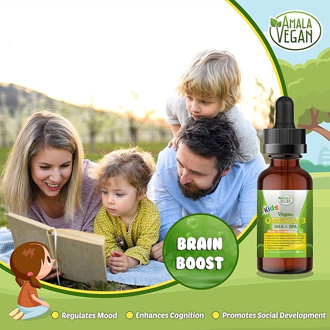 Omega 3 for Kids - Organic Lemon, Vegan, Liquid Supplement - Kids Fish Oil with DHA, EPA, DPA Fatty Acids - Plant Based Algae Oil - Immune, Heart, Brain Health for Children- 30-60 Doses