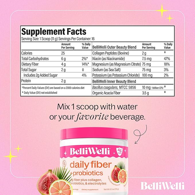 BelliWelli Fiber Supplement for Women & Men – Premium Daily Fiber Powder from Organic Acacia with Added Collagen, Electrolytes & Probiotics – No Bloat, Constipation & Gut Health Support (Tropical)